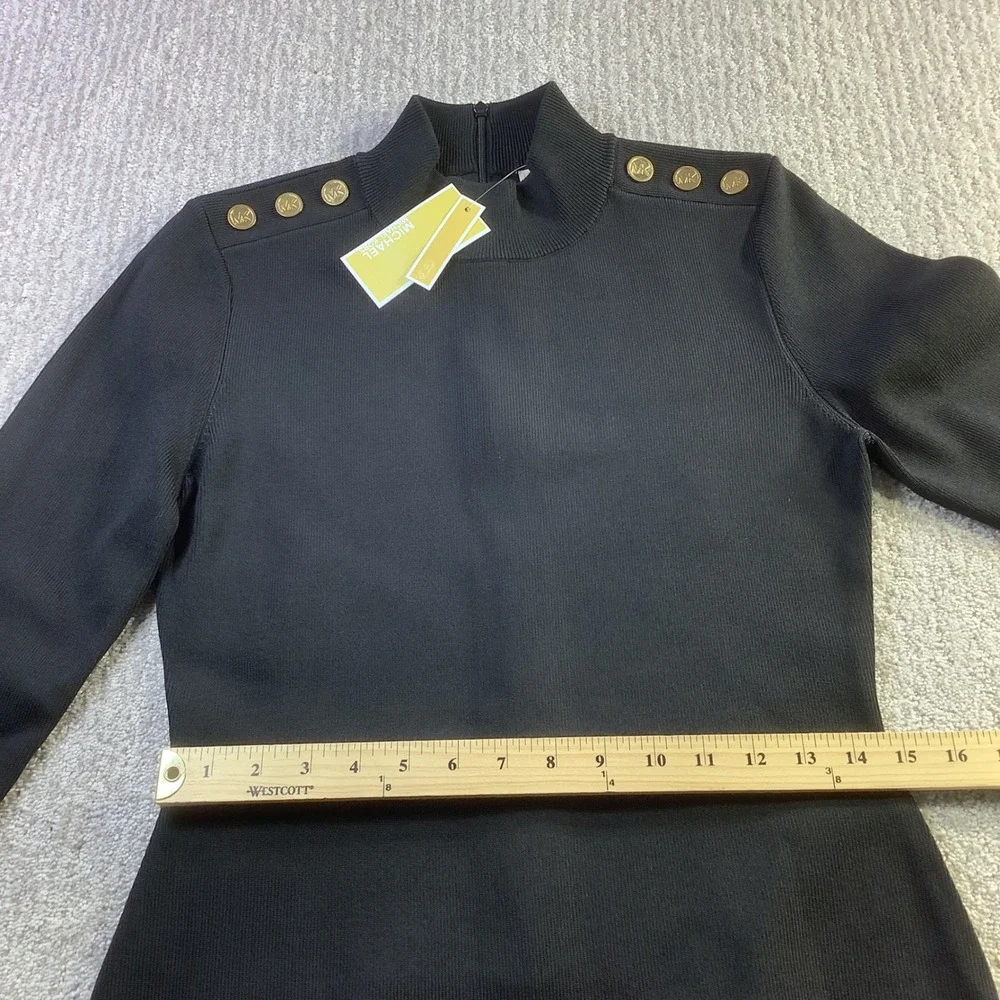 Michael Kors Black Pleated Knit Mock Neck Dress Gold Button Womens Size‎ L NWT